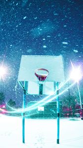Preview wallpaper basketball hoop, basketball, playground, snow, light