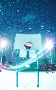 Preview wallpaper basketball hoop, basketball, playground, snow, light