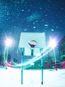 Preview wallpaper basketball hoop, basketball, playground, snow, light