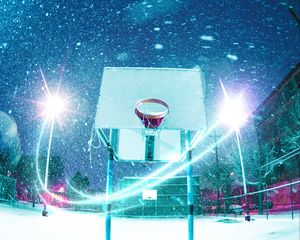 Preview wallpaper basketball hoop, basketball, playground, snow, light