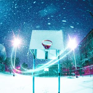 Preview wallpaper basketball hoop, basketball, playground, snow, light