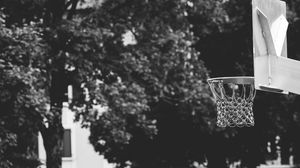 Preview wallpaper basketball hoop, bw, basketball, playground