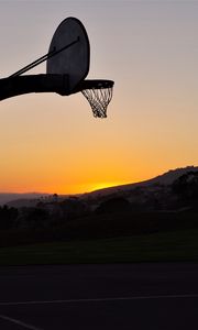 Preview wallpaper basketball hoop, mesh, basketball, sport, sunset, dark