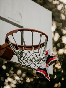 Preview wallpaper basketball hoop, sneakers, net, shield, basketball