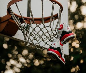 Preview wallpaper basketball hoop, sneakers, net, shield, basketball
