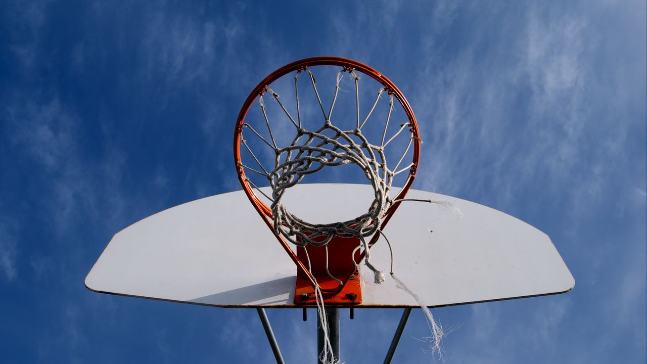 Wallpaper basketball, net, hoop, sky, bottom view
