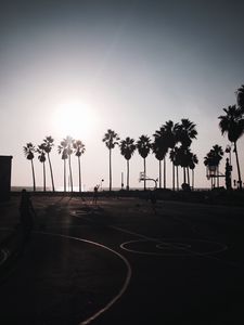 Preview wallpaper basketball, playground, dark, silhouettes, palm trees, sun