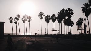 Preview wallpaper basketball, playground, dark, silhouettes, palm trees, sun
