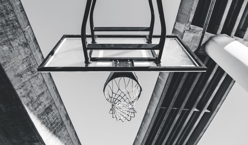 1024x600 Wallpaper basketball, ring, mesh, bw