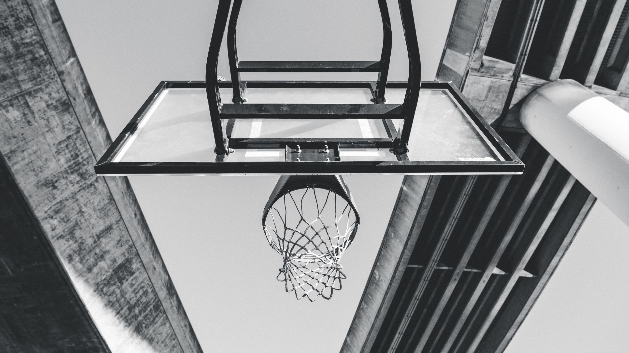2560x1440 Wallpaper basketball, ring, mesh, bw
