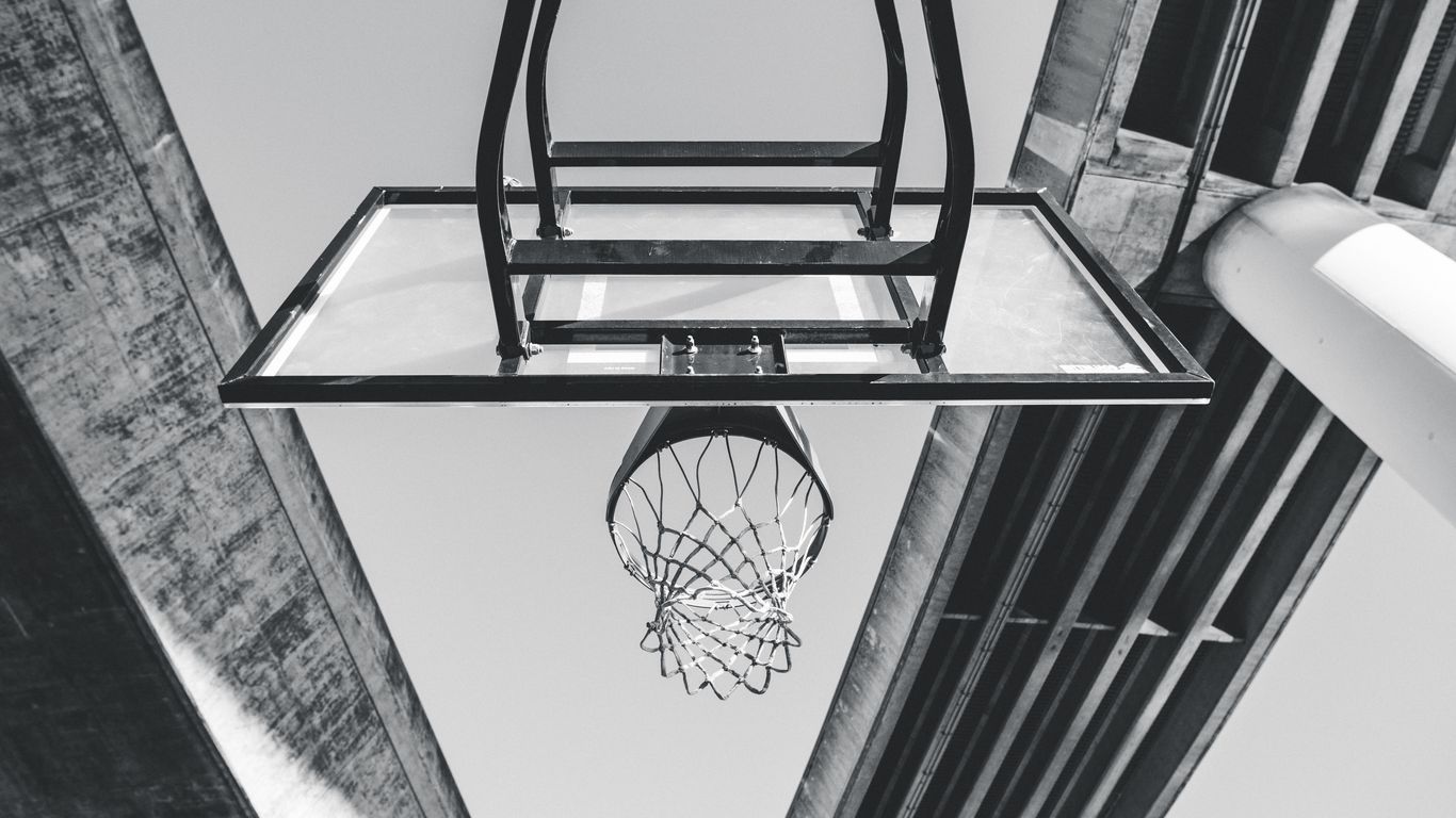 1366x768 Wallpaper basketball, ring, mesh, bw