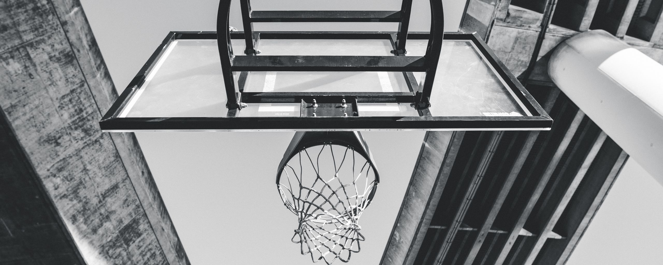 2560x1024 Wallpaper basketball, ring, mesh, bw