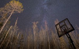 Preview wallpaper basketball stand, basketball, trees, milky way