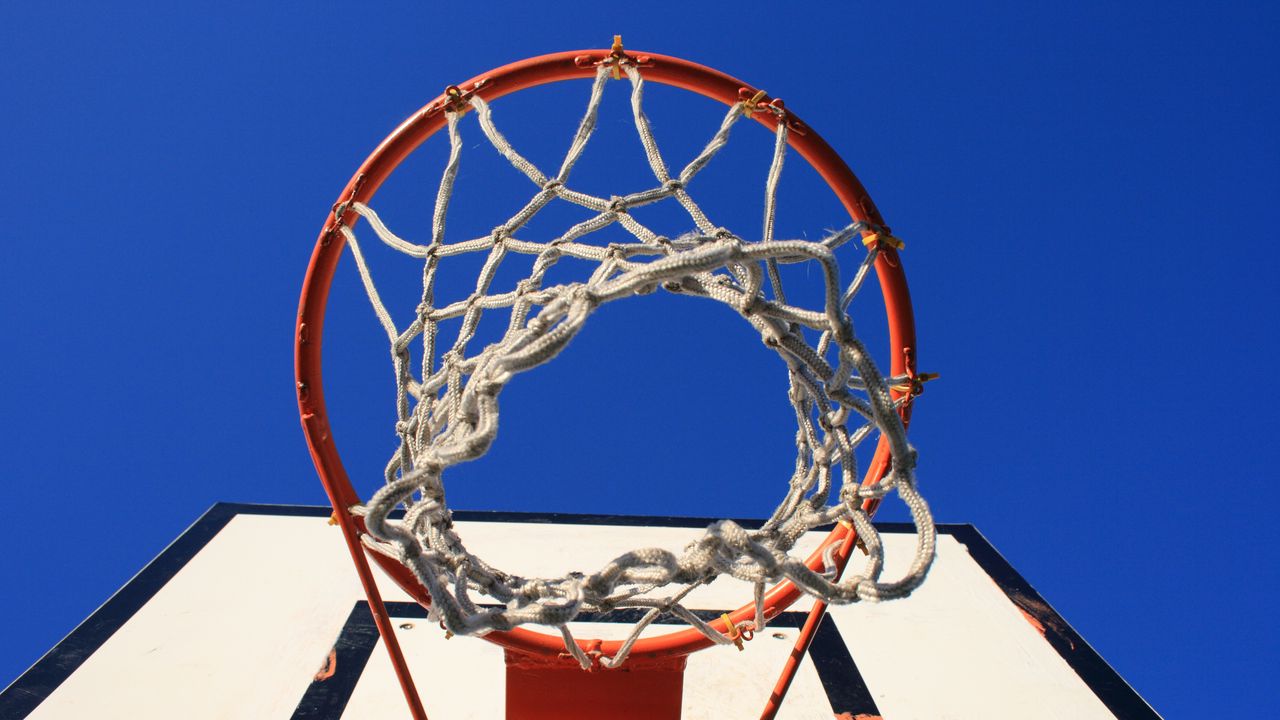 Wallpaper basketball stand, net, basketball, sports, bottom view, sky