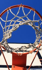 Preview wallpaper basketball stand, net, basketball, sports, bottom view, sky