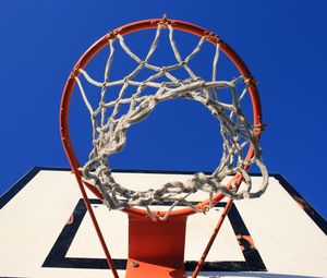 Preview wallpaper basketball stand, net, basketball, sports, bottom view, sky