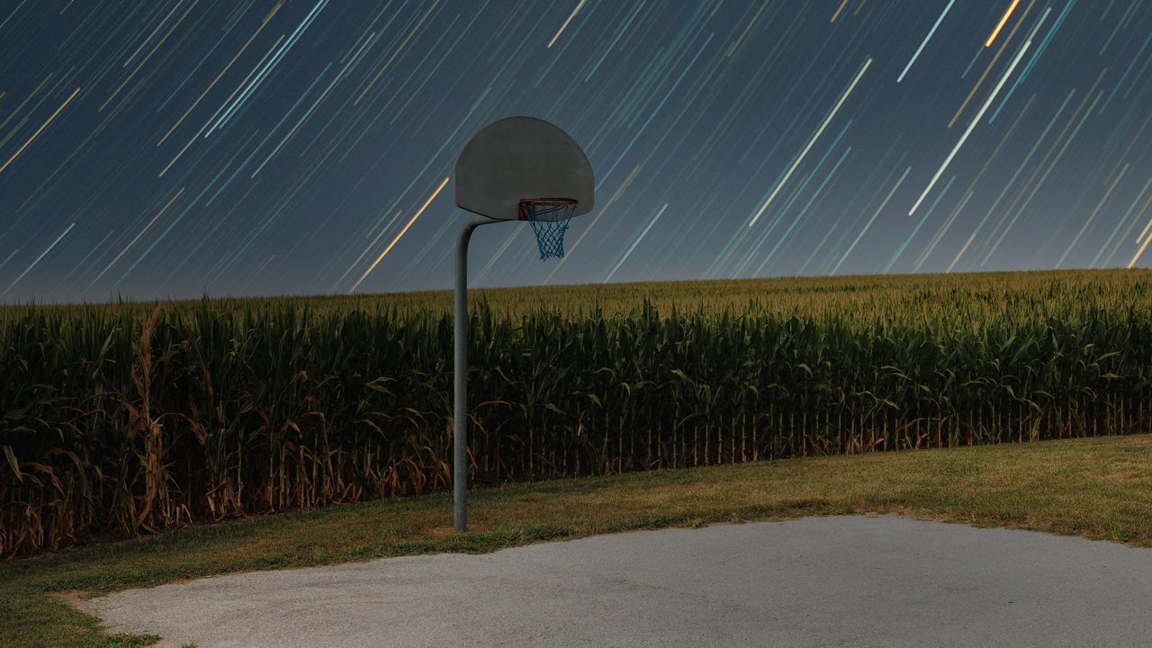 Wallpaper basketball stand, net, basketball, sport, field, meteor shower