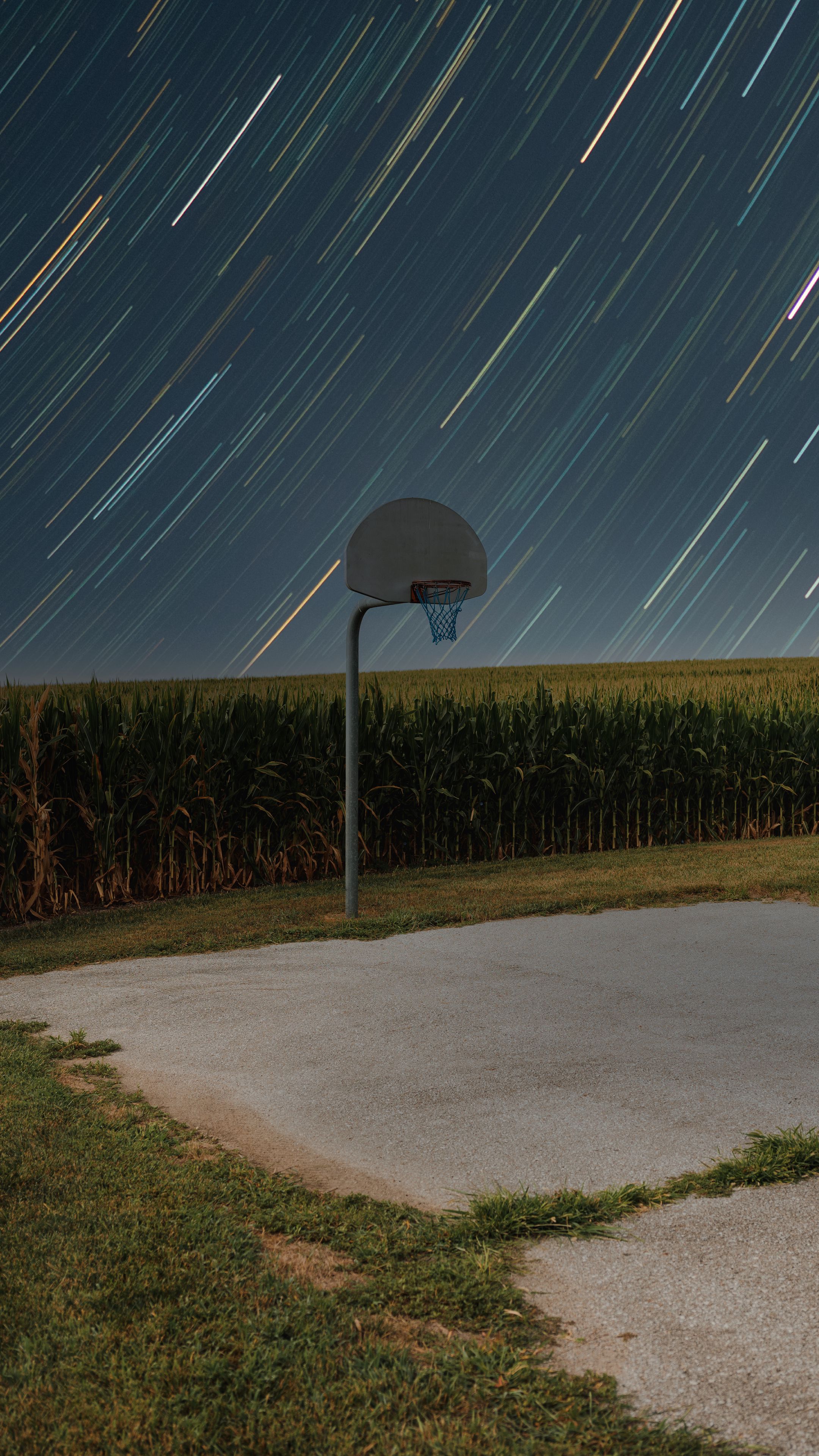 2160x3840 Wallpaper basketball stand, net, basketball, sport, field, meteor shower
