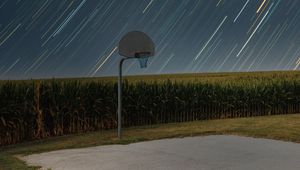 Preview wallpaper basketball stand, net, basketball, sport, field, meteor shower