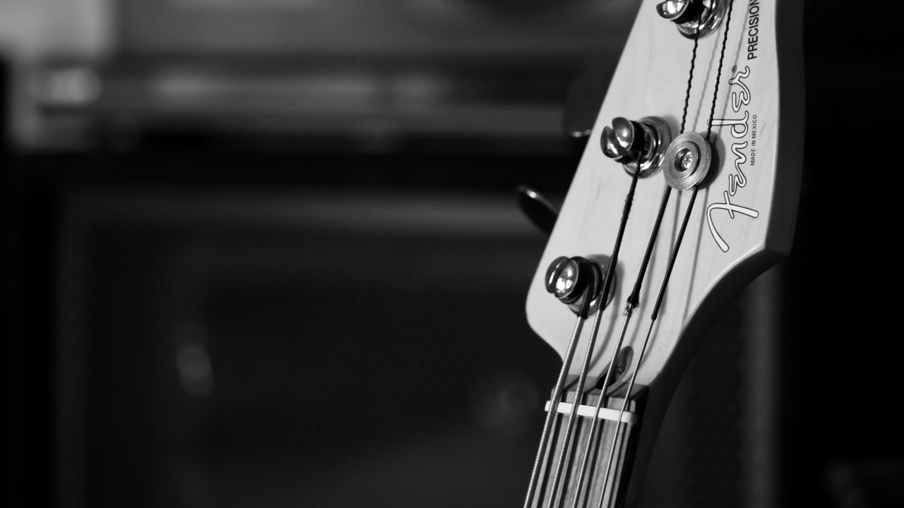 Wallpaper bass guitar, guitar, fretboard, strings, music, black and white