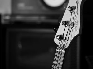 Preview wallpaper bass guitar, guitar, fretboard, strings, music, black and white