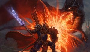 Preview wallpaper battle, spear, shield, monster, weapons, dragon, art
