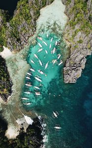 Preview wallpaper bay, aerial view, boats, shore, rocks