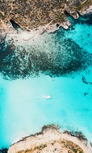 Preview wallpaper bay, aerial view, sea, yacht, coast, reefs