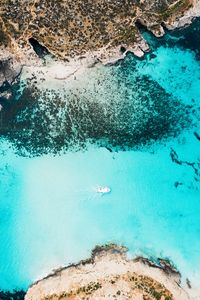 Preview wallpaper bay, aerial view, sea, yacht, coast, reefs