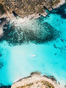 Preview wallpaper bay, aerial view, sea, yacht, coast, reefs