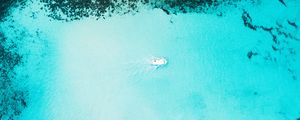 Preview wallpaper bay, aerial view, sea, yacht, coast, reefs