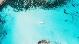 Preview wallpaper bay, aerial view, sea, yacht, coast, reefs