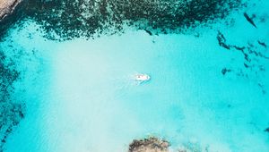 Preview wallpaper bay, aerial view, sea, yacht, coast, reefs