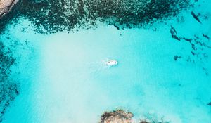 Preview wallpaper bay, aerial view, sea, yacht, coast, reefs