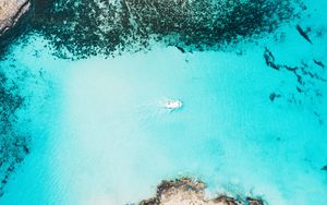 Preview wallpaper bay, aerial view, sea, yacht, coast, reefs