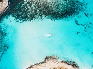 Preview wallpaper bay, aerial view, sea, yacht, coast, reefs