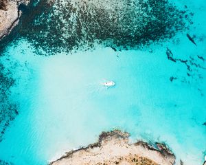 Preview wallpaper bay, aerial view, sea, yacht, coast, reefs