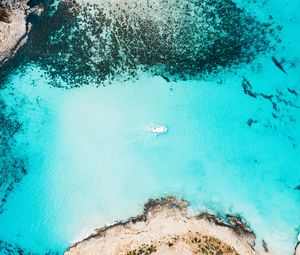 Preview wallpaper bay, aerial view, sea, yacht, coast, reefs