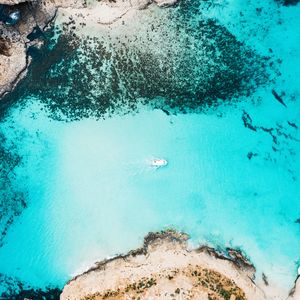 Preview wallpaper bay, aerial view, sea, yacht, coast, reefs