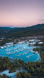 Preview wallpaper bay, boats, aerial view, mountains, landscape