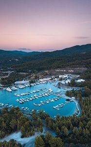 Preview wallpaper bay, boats, aerial view, mountains, landscape