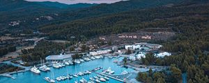 Preview wallpaper bay, boats, aerial view, mountains, landscape