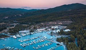 Preview wallpaper bay, boats, aerial view, mountains, landscape