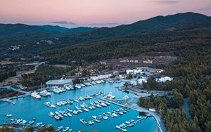 Preview wallpaper bay, boats, aerial view, mountains, landscape