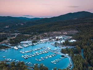 Preview wallpaper bay, boats, aerial view, mountains, landscape