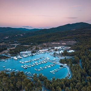 Preview wallpaper bay, boats, aerial view, mountains, landscape