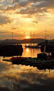 Preview wallpaper bay, boats, mountains, reflection, sunset, clouds