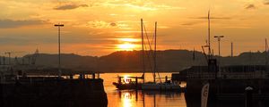 Preview wallpaper bay, boats, mountains, reflection, sunset, clouds