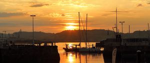 Preview wallpaper bay, boats, mountains, reflection, sunset, clouds