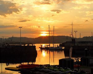 Preview wallpaper bay, boats, mountains, reflection, sunset, clouds